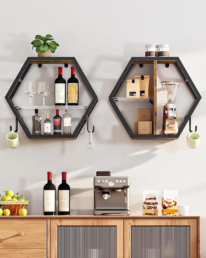 Hexagon Floating Shelves Set of 2, 18.9" Glass Hanging Shelves for Wall Decor, Wall Storage Rack and 12 S-Hooks, for Living Room, Bedroom, Office, Game Center, Rustic Brown TBJ08BF