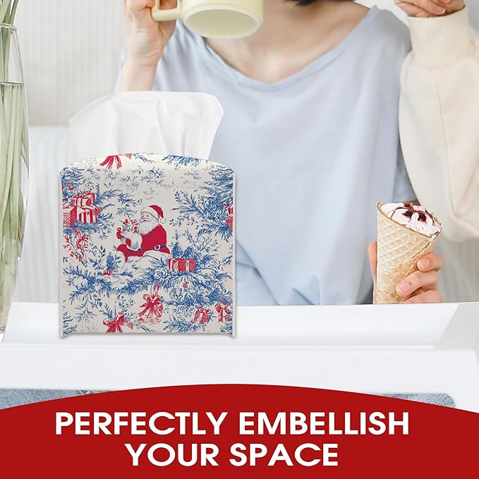 Blue Chinoiserie Tissue Box Cover Leather, Christmas Santa Claus Tissue Box Cover Square, Xmas Gift Ideas for Family Friends, Bathroom Kitchen Car Office Home Table Decor(5.2 Inches)-B16