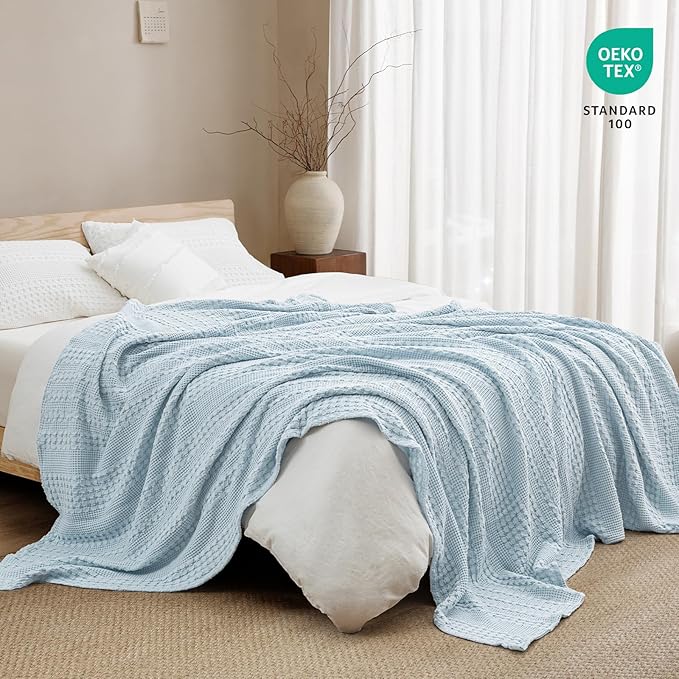 PHF 100% Cotton Waffle Weave Blanket Twin Size for Bed, Soft Lightweight & Breathable for Spring and Summer, All-Season Comfort, Luxury Aesthetic Blanket for Home Decor, 66"x90", Sky Blue