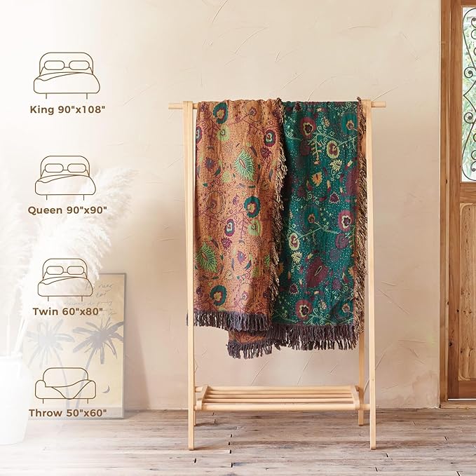 Boho Throw Blanket for Bed 100% Cotton Soft Lightweight Quilt Home Decor Spring Bed Blanket,Floral Embroidery Reversible All Season Bohemian Breathable Twin Throws for Sofa Couch Chair 60"x80"