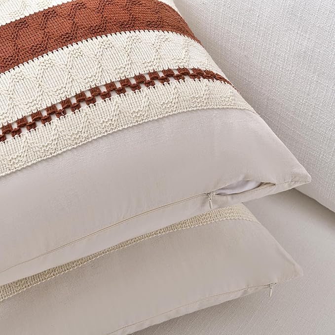 Fancy Homi Set of 2 Rust Boho Long Lumbar Decorative Throw Pillow Cover 14x24 Inch for Couch Bed Sofa, Aesthetic Modern Organic Fall Room Decor, Soft Cotton Cute Terracotta Farmhouse Cushion Case