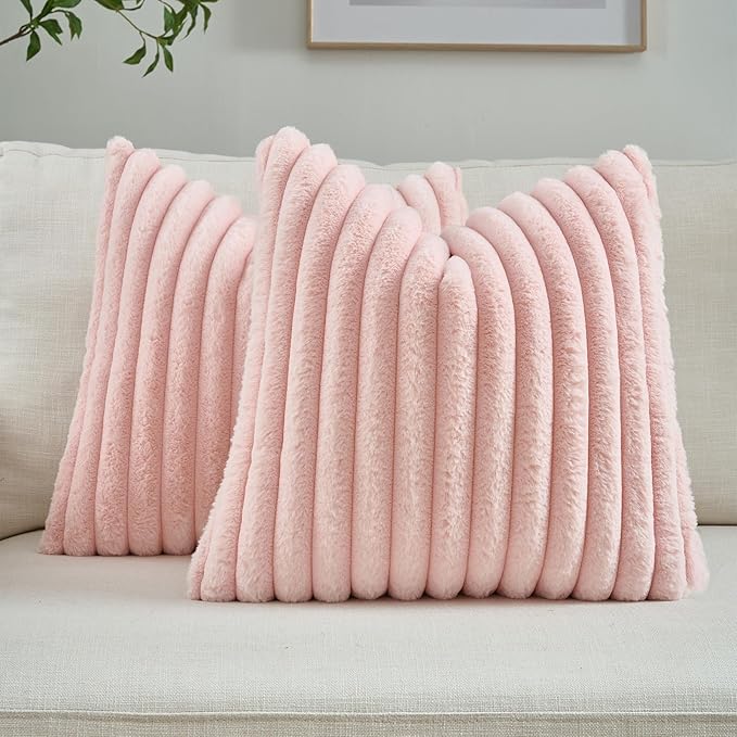 FUTEI Pink Decorative Throw Pillow Covers Set of 2, 28x28 Inch Soft Fluffy Faux Fur Plush Striped Euro Pillow Shams, Modern Home Decor for Couch Bed Living Room