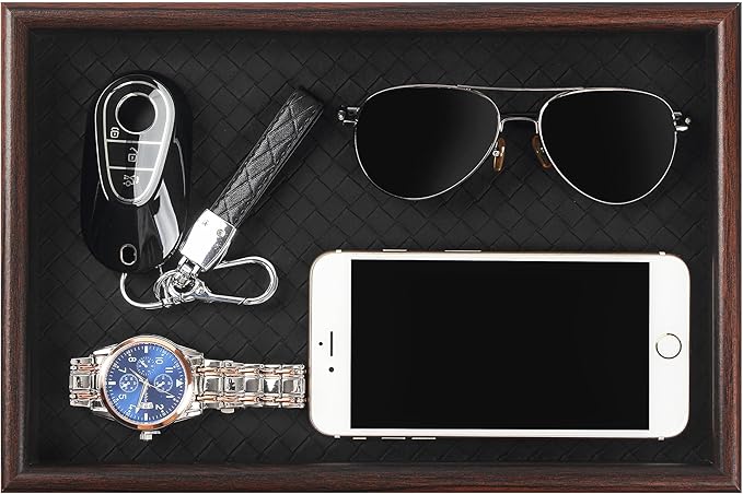 Zosenley Wooden Valet Tray with Leather Base - Nightstand Catchall Organizer for Cologne, Perfume, Keys, Wallet, Phone, Watch, Jewelry & Sunglasses (Black)