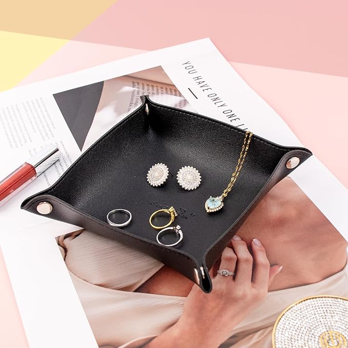 SANQIANWAN PU Leather Arc Edge Jewelry Valet Tray for Man and Women, Portable Mini Entryway Table Tray Bedside Nightstand Desk Tray Small Travel Dish Plate for Key,Wallet,Watch,Coin (Black)