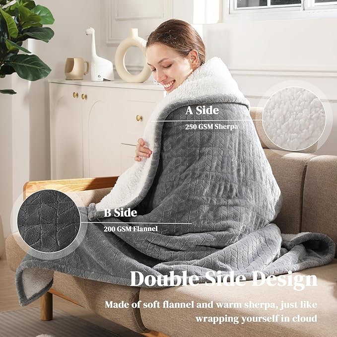 Electric Throw Blanket Heated Throw 50''x60''- Wheat Pattern Flannel & Sherpa Heated Lap Blanket with 5 Heat Settings & 4-Hour Auto Shut-Off, ETL & FCC Certified, Machine Washable Home Use, Grey