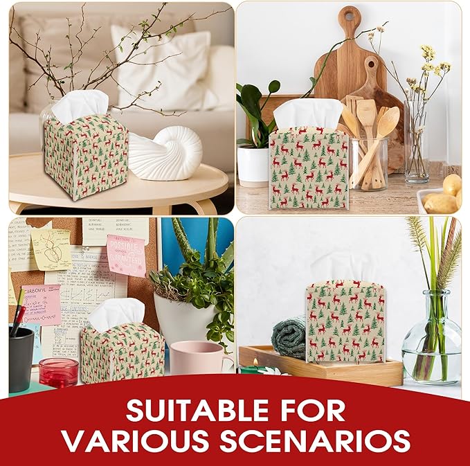 Christmas Trees Reindeer Leather Tissue Box Cover Holder, Tissue Box Cover Square, Ideas for Family Friends, Bathroom Kitchen Car Office Home Table Decor(5.2 Inches)-B13