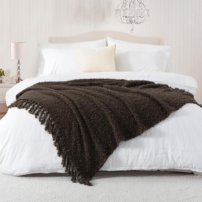 Knit Throw Blanket Fluffy Fuzzy Soft Lightweight Cozy Farmhouse Tassels Chunky Knitted Throws for Couch Sofa Bed (Brown, 50"x60")
