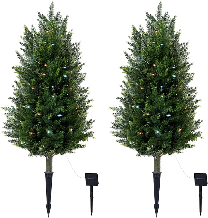 Pair Artificial Cedar Topiary Trees, 3ft UV-Resistant Faux Cypress shrubs w/Ground Spikes (Including Lights),Tall Evergreen Decorative Plants for Outdoor & Indoor Porch, Patio, and Garden