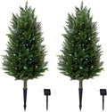 Pair Artificial Cedar Topiary Trees, 3ft UV-Resistant Faux Cypress shrubs w/Ground Spikes (Including Lights),Tall Evergreen Decorative Plants for Outdoor & Indoor Porch, Patio, and Garden
