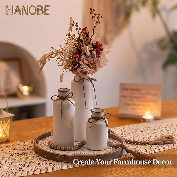 Hanobe Decorative Coffee Table Tray: Round Wood Trays for Boho Home Decor 12 Inch Rustic Farmhouse Centerpiece for Living Dining Room Ottoman Kitchen Counter Brown