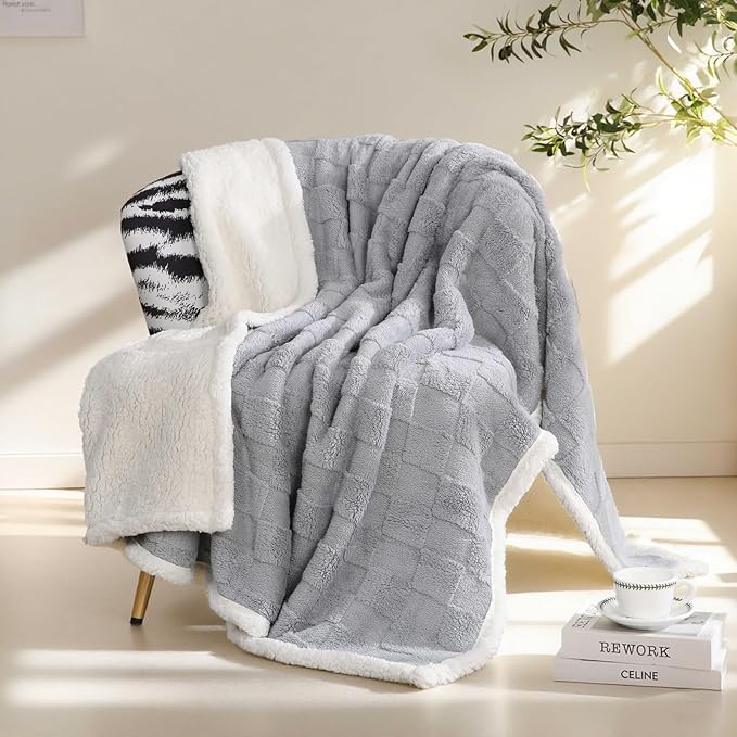 Sherpa Throw Blanket for Couch, Flannel Cozy Soft Thick Blanket for Bed - Fleece, Light Gray, 80x90 Inches