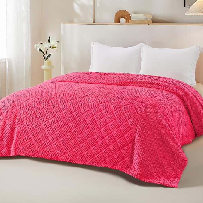 Whale Flotilla Fuzzy Fleece Twin Size Blanket for Bed, Soft Fluffy Jacquard Waffle Blankets for All Season, Lightweight and Warm, 60x80 Inch, Hot Pink
