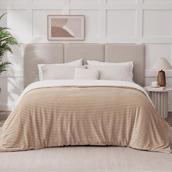 Sherpa Blankets Queen Size - Fleece Queen Blanket for Bed, Soft and Warm Throw Blanket for Winter, 90" x 90", Khaki