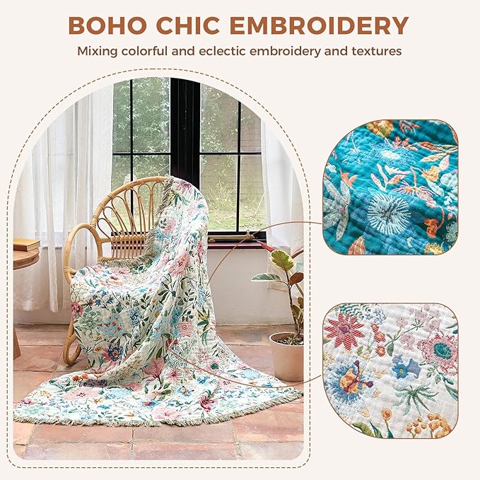 Boho Throw Blanket for Bed Cotton Spring Blankets for Bedroom Living Room Twin All Season Lightweight Floral Embroidery Quilt for Couch Sofa Chair 60"x80"