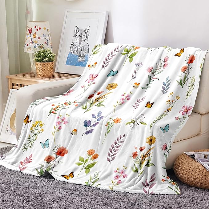 Floral Flower Throw Blanket Botanical Plant Throw Blankets Colorful Flannel Fleece Throw Blankets Watercolor Butterfly Cozy Fuzzy Plush Blanket for Bed Chair Couch 60" X 80"