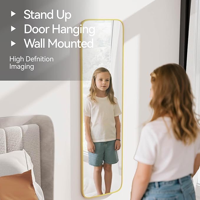 57x16 Door Hanging Full Length Mirror, Floor Stand (Height 5.7ft just Body in1.3ft) Wall Mounted Metal Frame Rectangle Dressing Mirrors for Bedroom Bathroom Room 57 inch Gold