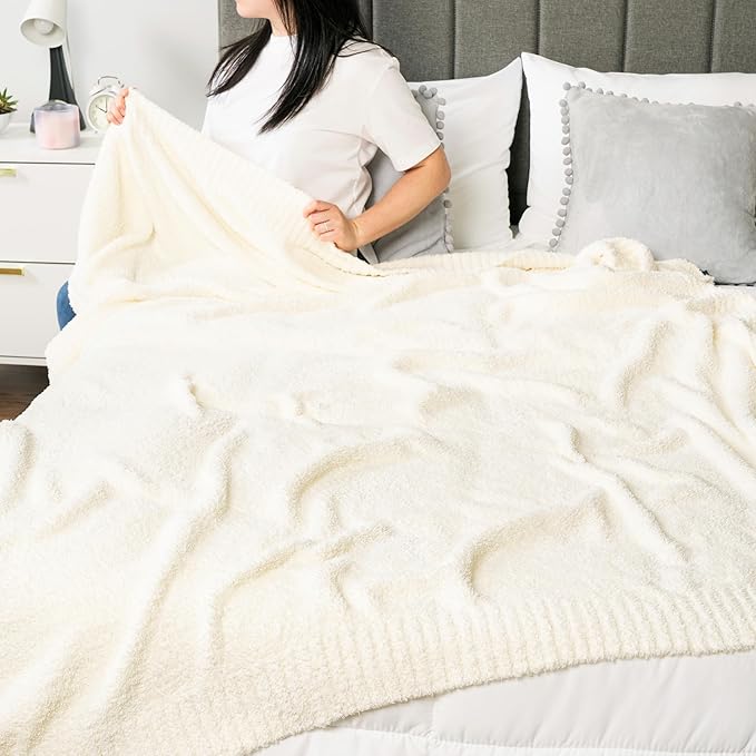 PAVILIA Super Soft Throw Blanket for Couch, Fluffy Cozy Lightweight Cream Blanket, Fuzzy Warm Knit Blanket for Bed Sofa, Beige, 50x60