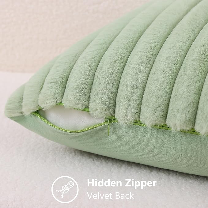 decorUhome Summer Cozy Faux Fur Throw Pillow Covers 22x22 Set of 2 Decorative Plush Striped Modern Farmhouse Boho Couch Euro Sham Pillow Cases with Velvet Back for Sofa Bed Living Room, Sage Green