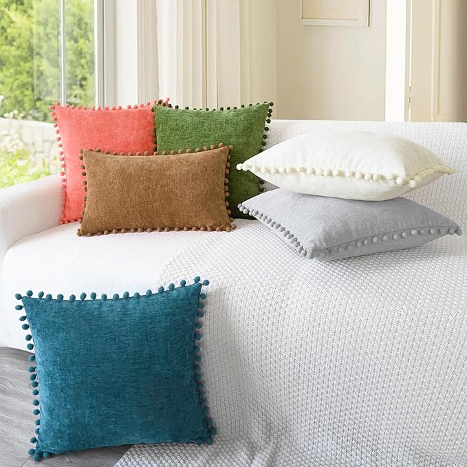 CaliTime Throw Pillow Covers Decorative 16 X 16 Inches Pack of 2 Cozy Solid Dyed Soft Chenille Cushion Cases with Pom Poms for Couch Sofa Bed Living Room Home Forest Green