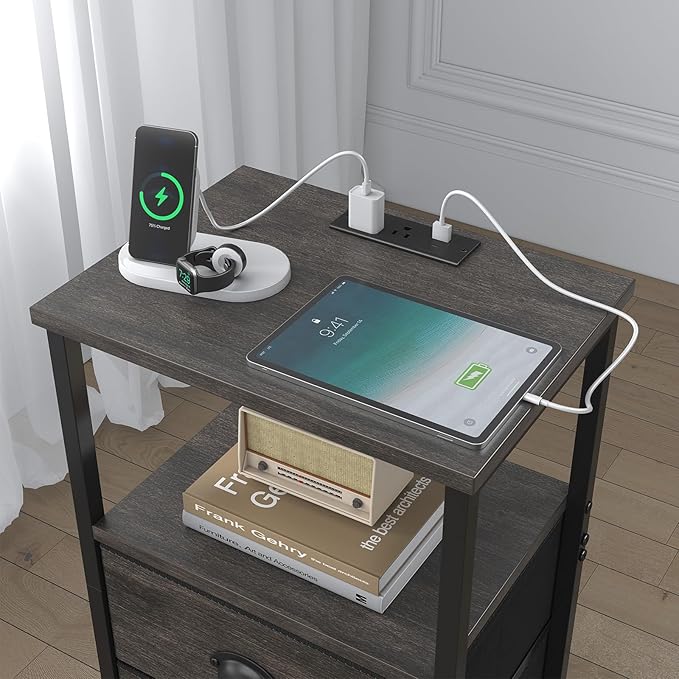 Nightstand with Charging Station, LED Night Stand with 2 Fabric Drawers, Bedside Tables End Table with Drawers, 2-Tier Storage Side Table Nightstand with Drawers for Bedroom, Black Oak