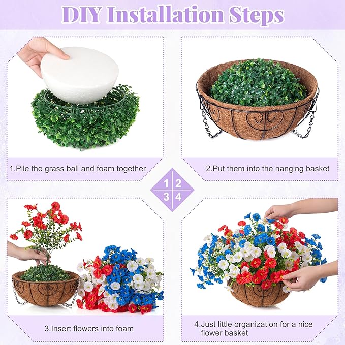 Artificial Fake Hanging Flowers with Basket for Outdoors, Faux Petunias Flowers Fake Hanging Plants with Eucalyptus Realistic UV Resistant for Outside Patio Garden Porch Balcony Yard Decor