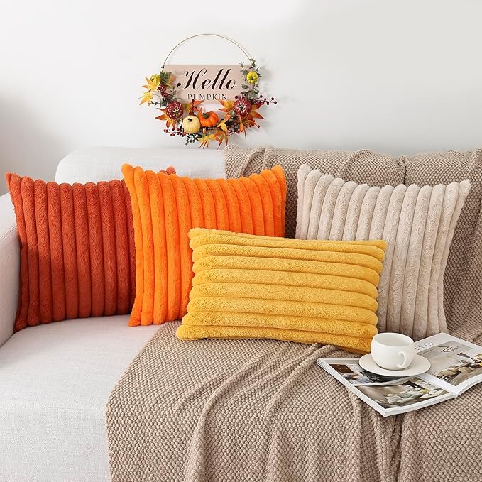 Pallene Faux Fur Plush Fall Throw Pillow Covers 26x26 Set of 2, Luxury Soft Fluffy Striped Decorative Pillow Covers for Sofa, Couch, Living Room, Rust