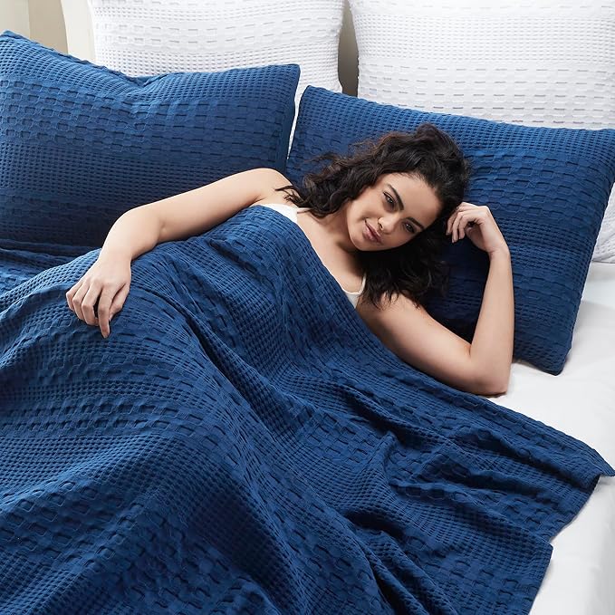 VHC Brands 100% Cotton Waffle Weave King Blanket 108"x90", Decorative Lightweight Spring and Summer Throw Blanket, Bedroom Decor for Bed, Couch, or Sofa, Navy