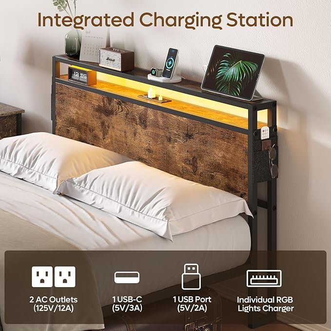 Bestier Queen Size Bed Frame with Headboard, Dual LED Platform Bed Frame with Charging Station, Non-Slip Metal Bed Frame, Noise-Free, Easy Assembly