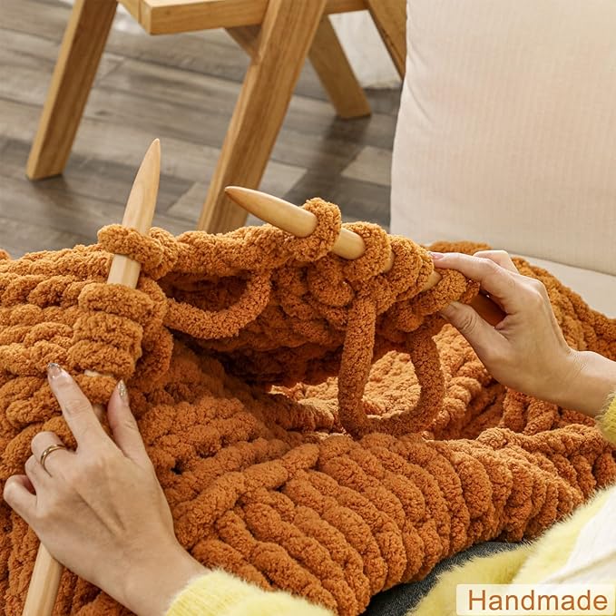 WESHIONGOO Chunky Knit Blanket Throw 51"×63" Knitted Throw Blankets for Couch Bed Fall Throw Blanket Fluffy Soft Blanket with Jumbo Chenille Yarn Thick 100% Handmade (Burnt Orange)