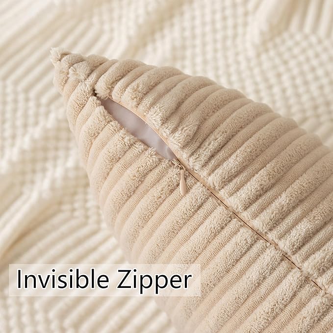 UGASA Velvet 24x24 Inch Soft Throw Pillow Covers Decorative Corduroy Striped Both Sides Solid Square Cushion Cases Boho Farmhouse for Couch Bedroom Sofa Home, Pack of 2, Beige
