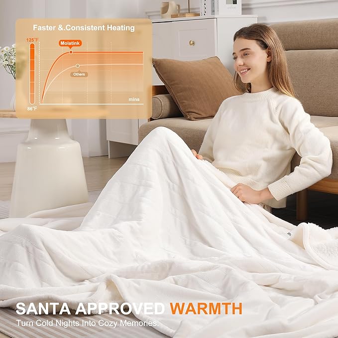 Queen Electric Blanket 84''X90'' Dual Control Heated Blanket - Soft Silky Plush Heating Blanket with 5 Heating Level & 10 Hour Auto Off, ETL Certified & Machine Washable for Grandma Gifts(Cream)