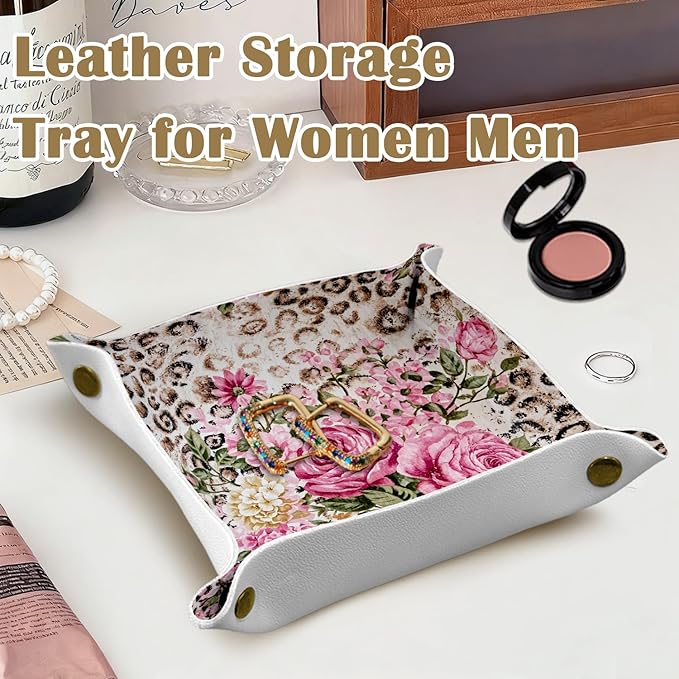 Leopard Print Gifts for Women Vintage Leopard Floral Jewelry Valet Tray, Cheetah Print Gifts PU Leather Catchall Beside Caddy Nightstand Organizer Tray for Rings Watches Keys, 7.87x7.87in