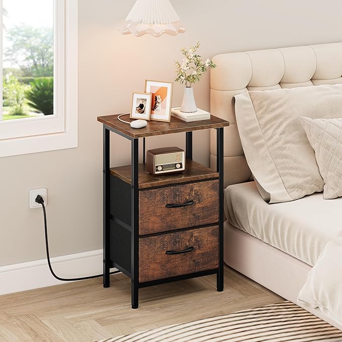 Vagusicc Nightstand Set of 2, Rustic Brown, with Charging Station and USB Ports, Bedside Table with 2 Fabric Drawers, 24.2" Tall Side Table with Storage Shelf,Small Night Stand for Bedroom/Living Room