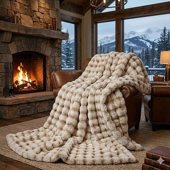 Luxury 1000GSM Throw Blanket, 60x80 Inches, Ultra Soft Double-Sided 3D Bubble Textured Faux Rabbit Fur, Frosted Khaki & White, Reversible High-Density Plush Warm Blanket for Sofa & Bed