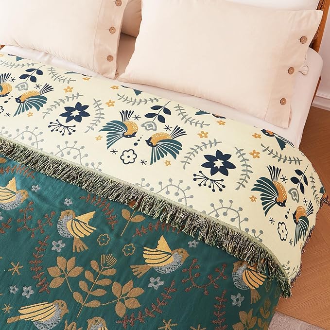 Boho Throw Blanket for Bed 100% Cotton Soft Lightweight Quilt Blanket Bird Floral Embroidery Spring Room Decor Large Bed Blankets,90"x98" All Season Rustic Throw for Sofa Couch Chair