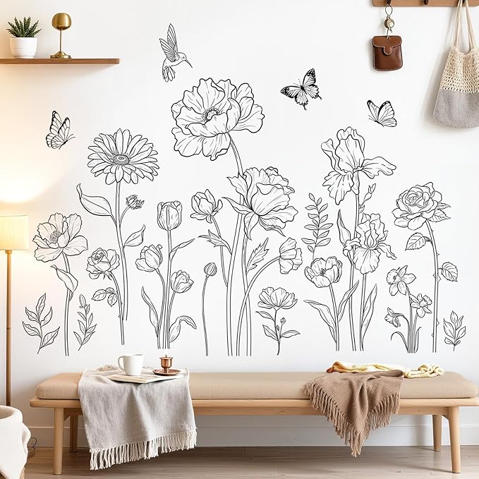 decalmile Large Black Boho Flower Wall Decals Simple Sketch Floral Wildflower Butterfly Wall Stickers Bedroom Living Room Sofa TV Background Home Decor