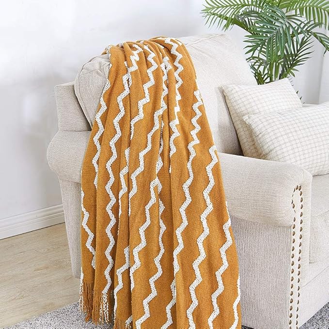 BOURINA Fluffy Chenille Knitted Fringe Throw Blanket Lightweight Soft Cozy for Bed Sofa Chair Throw Blankets, 60" x 80",Mustard