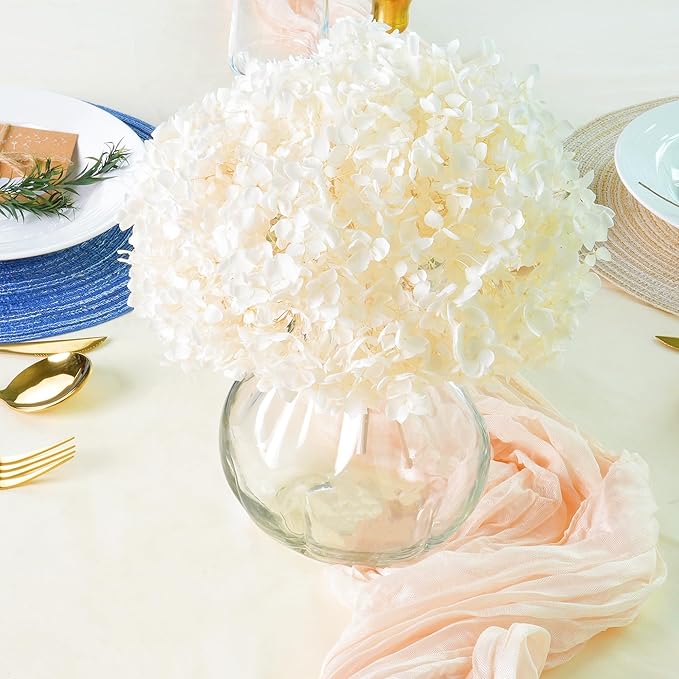 Creamy Ivory Hydrangea Dried Flowers in Glass Vase – Artificial Flowers in Vase for Home Decor, Hydrangeas Centerpiece for Dining Table, Coffee Table, Bathroom, Shelf & Bedroom –Floral Arrangements