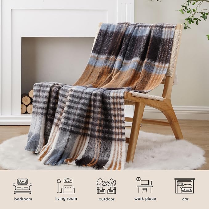 BATTILO Plaid Throw Blanket for Couch Bed, Soft Mohair Tartan Plaid Blanket, Farmhouse Style Checkered Pattern, Bluish Grey Throw Blankets for Home Decor(50"x60")