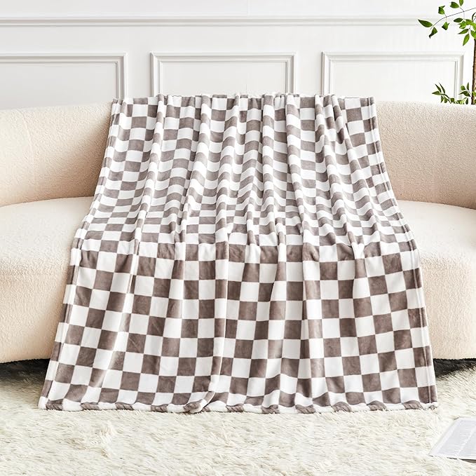 Light Grey Checkered Blanket, Ultra Soft Fluffy Fleece - Checkered Grid Print Throws for Couch Sofa Bed, Cozy Luxury Throw Blanket for All Seasons, 60x80 Inch, Cashmere Smoke
