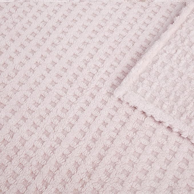 Soft Cozy Fuzzy Fleece Queen Size Blanket, Waffle Light Pink, 90x90 Inches – Lightweight, Fluffy, and Warm 3D Jacquard All-Season Blanket for Bed, Couch, Sofa, Camping, and Travel