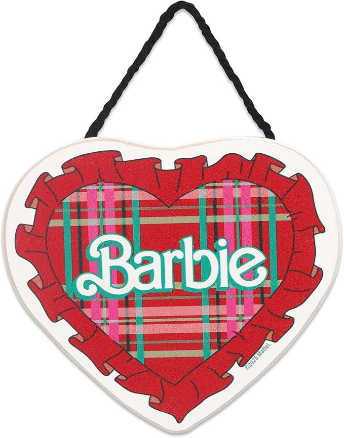 Mattel Barbie Plaid Heart Hanging Wood Wall Decor - Cute Barbie Wall Art for Bedroom or Play Room