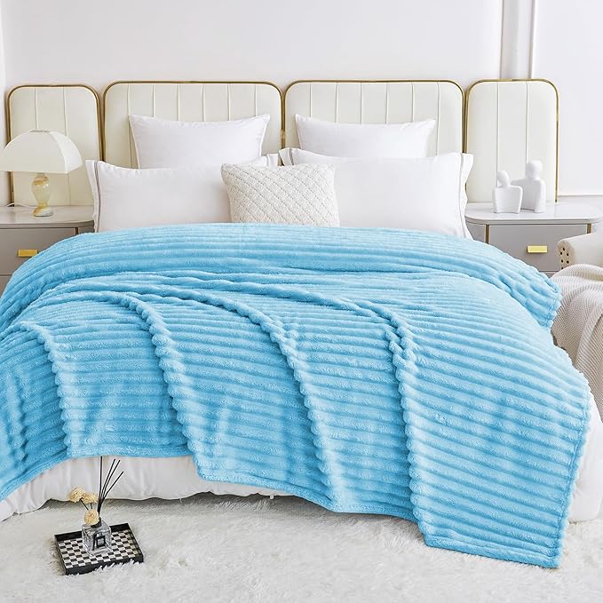 Comelady Light Blue Fleece Throw Blanket for Couch, Super Soft Lightweight Fuzzy Blanket for Couch Bedroom Home Decor, Cozy Fluffy Striped Blanket Gifts for Women Men Girls, 50"×60"