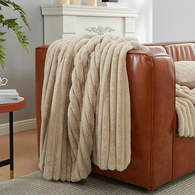 Amélie Home Faux Fur Throw Blanket for Couch, Cozy Fuzzy Fluffy Fur Luxurious Soft Striped Plush Gift Blankets for Family Sofa Chair Bedroom, 55"x70", Beige