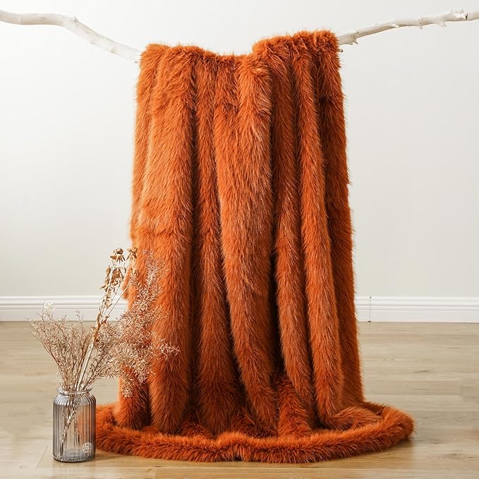BATTILO HOME Luxury Fall Faux Fur Throw Blanket, Rust Orange Fur Blankets and Throw for Couch, Sofa, Chair, Bed, Soft Plush Warm Fuzzy Cozy Fur Throws with Long Pile, Fall Decor, 60"x80"