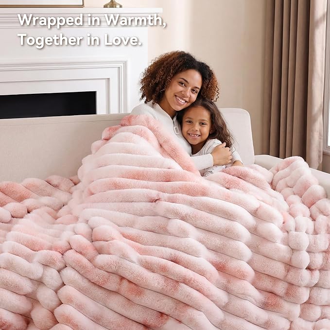 Smoofy Fluffy Faux Fur Throw Blanket - Super Soft Thick Plush Cozy Fuzzy Rabbit Fur, Luxury Warm Fleece Minky Stripe Blanket for Couch, Sofa, Room Decor Gift for Women, Tie Dye Pink Throw, 50x60
