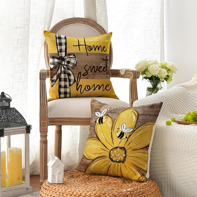 AVOIN colorlife Spring Home Sweet Home Bee Sunflower Throw Pillow Covers, 20 x 20 Inch Love Lives Here Summer Stripes Polka Dots Cushion Case for Sofa Couch Set of 4