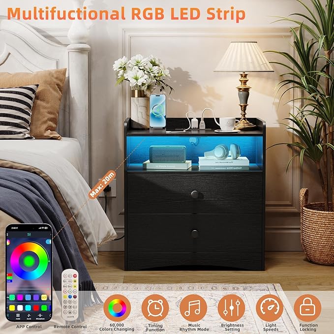 2 Pack Nightstand with Charging Station and LED Light, Modern Nightstand with USB Ports and Outlets, Wooden Bedside Table with 2 Storage Drawers, Small Dresser for Bedroom Small Space, Black