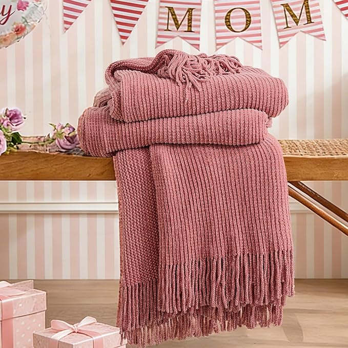inhand Coral Pink Chunky Chenille Throw Blanket for Couch Bed, Mothers Day/Mom Birthday Gifts for Mom from Daughter Son,Soft Boho Knitted Blanket,Cozy Decor for Living Room,60"x80",Extra Thick