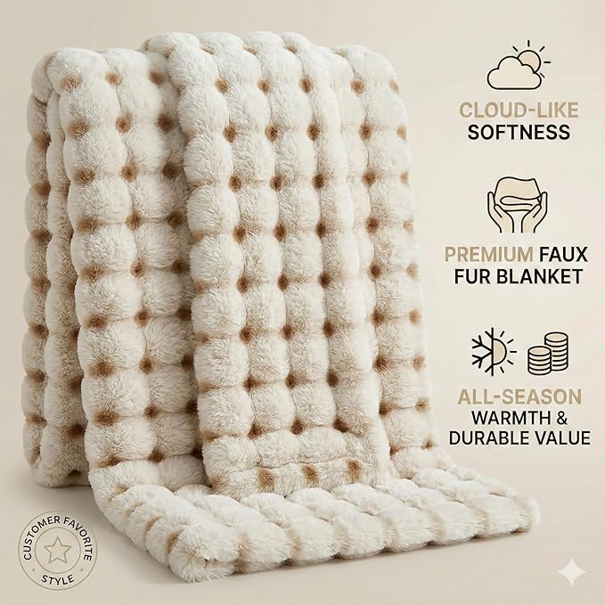 Luxury 1000GSM Throw Blanket, 50x60 Inches, Ultra Soft Double-Sided 3D Bubble Textured Faux Rabbit Fur, Frosted Khaki & White, Reversible High-Density Plush Warm Blanket for Sofa & Bed